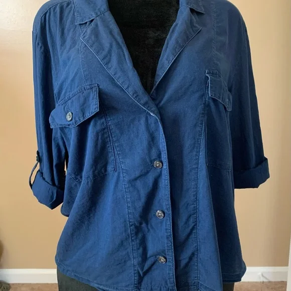J Crew Camp Collar Shirt Womens 12 Blue V
Neck Cotton Voile Button Up Roll Tab - Picture 6 of 11